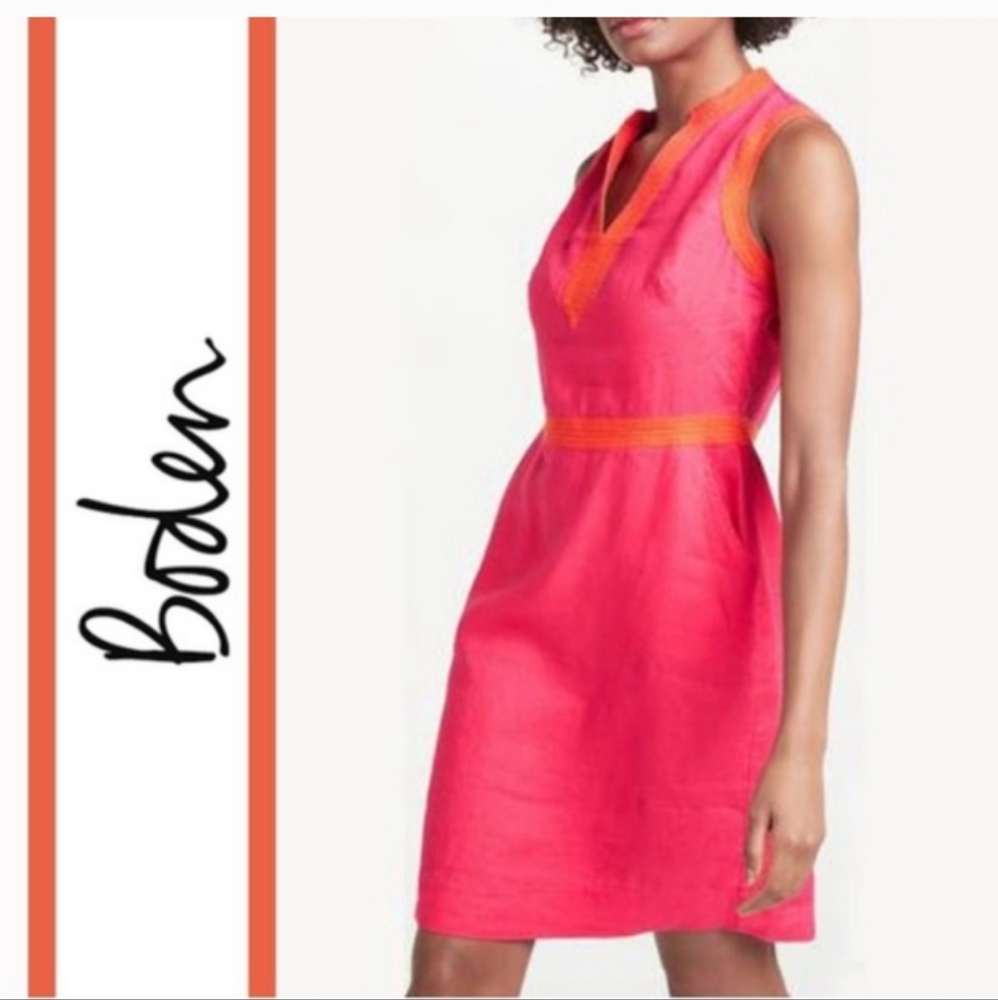 Boden Bright Pink Sleeveless V-Neck Dress with Orange Trim
